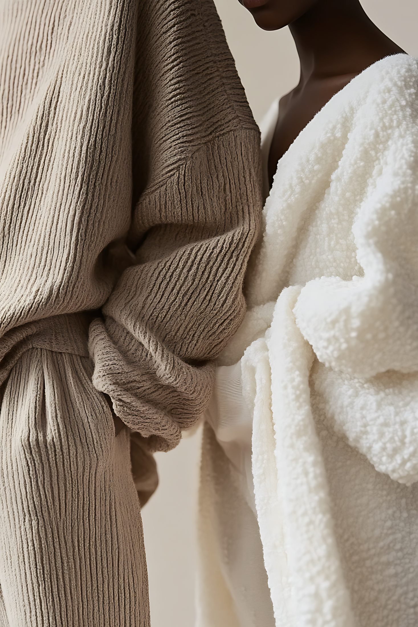 Close-up of cosy knitwear and shearling textures